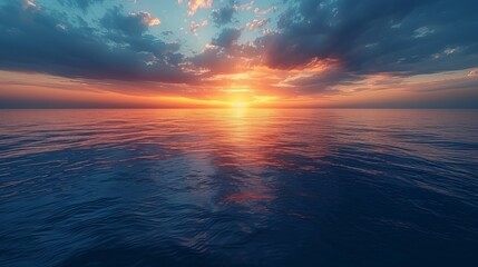 Fototapeta premium A stunning sunset over the ocean, with the sun setting on the horizon and casting a golden glow on the water.