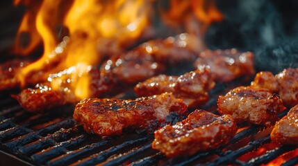 Close up of grilled barbecue meat with flames on a BBQ stove ideal for picnic gatherings dining celebrations or showcasing delicious menu ideas