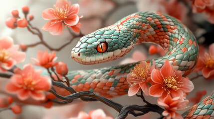 Obraz premium Snake in pink blooming tree branches, in Asian style