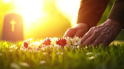 A loving tribute with flowers placed gently on grass near a grave, capturing a moment of remembrance and affection in nature's embrace.
