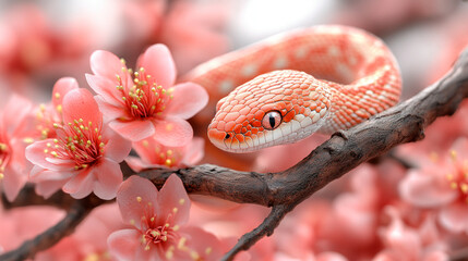 Snake in pink blooming tree branches, in Asian style