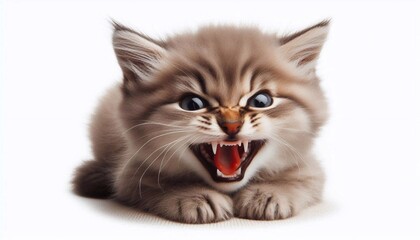 Obraz premium Angry, aggressive kitten lying with bared teeth isolated on white background