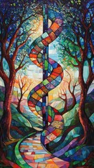 Obraz premium Colorful tiles form a DNA double helix amidst towering trees, set against a backdrop of hills and a bright, inviting sky in this tranquil natural setting