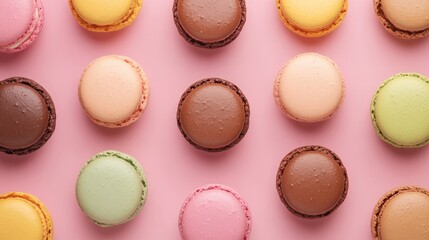 Obraz premium Colorful macaroons arranged on a pink backdrop viewed from above