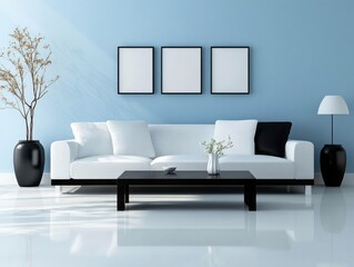 Soft sky blue walls paired with sleek black furniture and white accents for a clean, modern feel