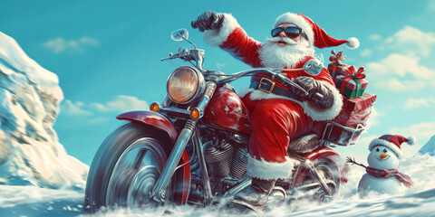 Santa Claus zooms through a winter wonderland on his motorcycle, spreading holiday cheer,Generated By Ai