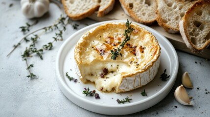 Baked camembert cheese served with lye baguette on a white plate against a grey concrete backdrop Grilled brie garnished with thyme in a Scandinavian inspired table setting