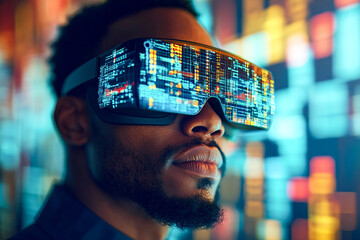 Man with virtual reality headset exploring digital interface