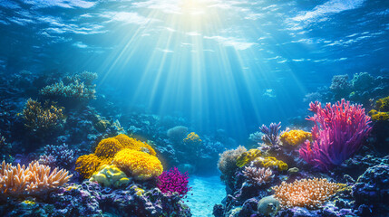 A Vibrant Underwater Coral Reef with Sunlight Streaming Through the Water, Illuminating the Colorful Marine Life.
