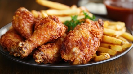 Fried chicken served with crispy french fries on a plate