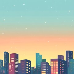 A whimsical cartoon skyline at sunset, showcasing tall buildings with lights twinkling against a colorful sky on a white background.