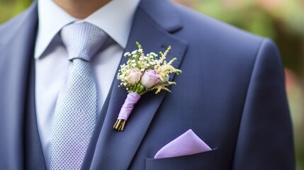 Sophisticated men s wedding attire featuring a boutonniere on the lapel and a coordinating tie