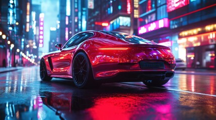 Fototapeta premium Red Sports Car Parked on Wet City Street at Night