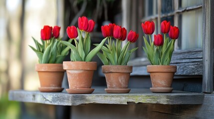 Red tulips in terracotta pots arranged on a wooden shelf in an outdoor setting