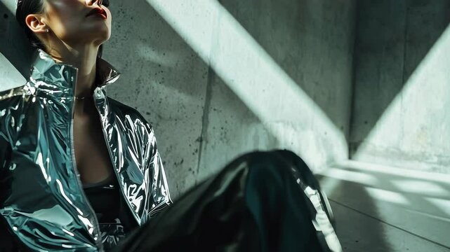 High-fashion shoot with a model in futuristic, metallic clothing, posing in a minimal interior with concrete walls. Fashion concept.