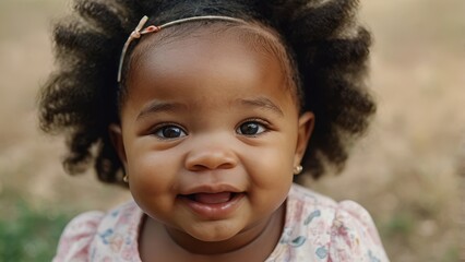 Smiling young child with curly hair looking at camera