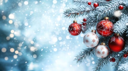 Christmas ornaments and xmas balls adorning the branches of a festive tree in winter Seasonal greetings for the holidays ideal for banners and posters