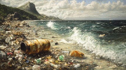 Plastic bottles, containers, and other debris cover the beach, with waves crashing against the shoreline and a distant view of mountains and clouds