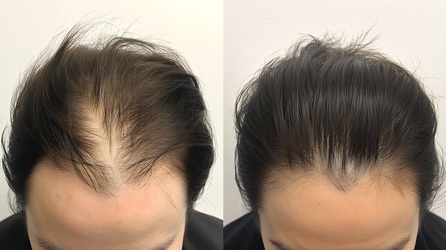 A before and after photo of a hair loss treatment, Before and after people head