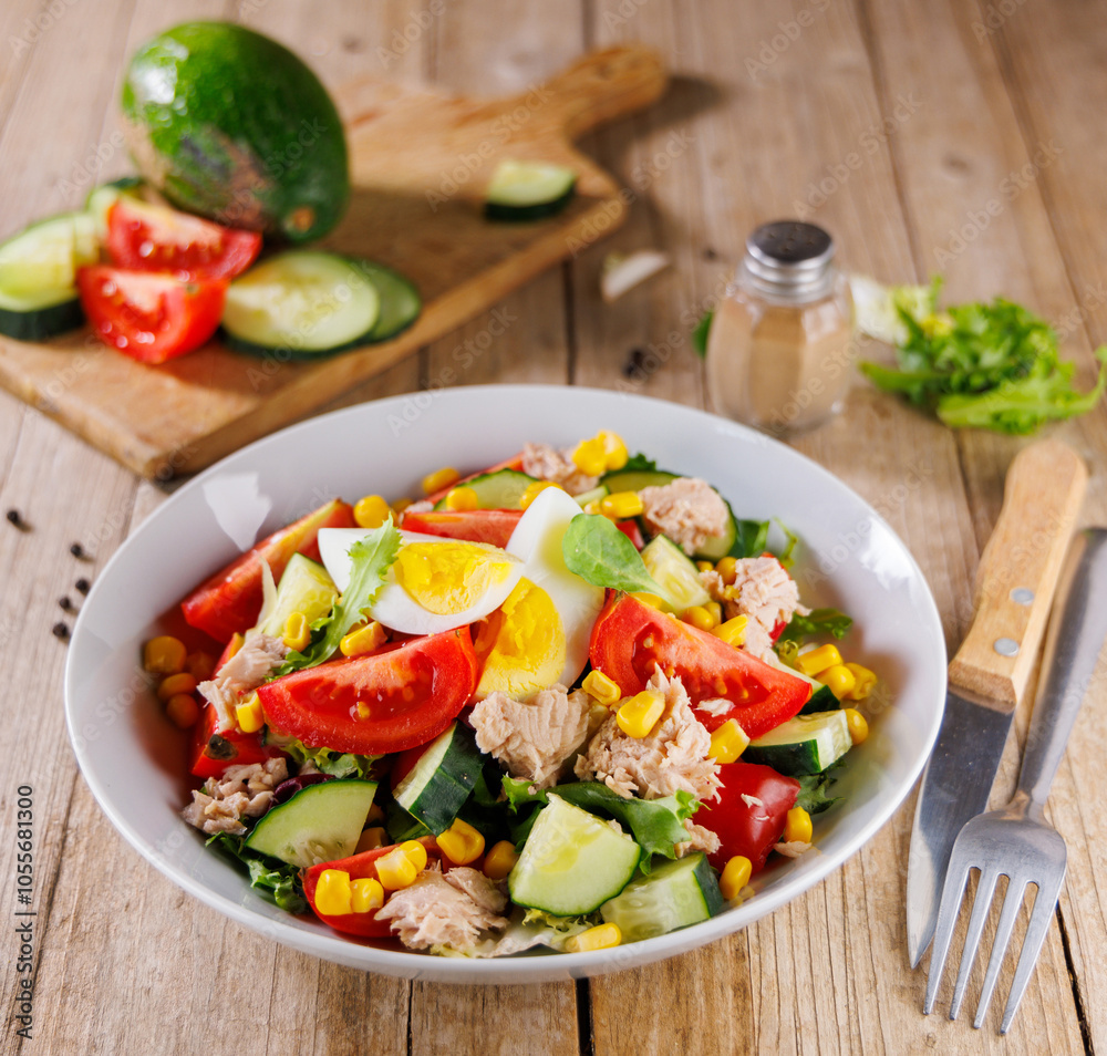 Poster mixed vegetable salad with tomato, egg, tuna and cucumber. healthy food salad