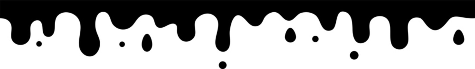 Black paint drips slowly on a white background, creating a mesmerizing abstract pattern. The fluid movement contrasts dark and white, giving a bold and trendy look