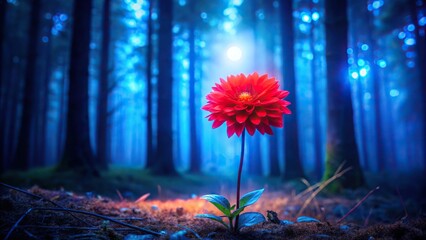 Glowing red flower in dark forest with blue light in background