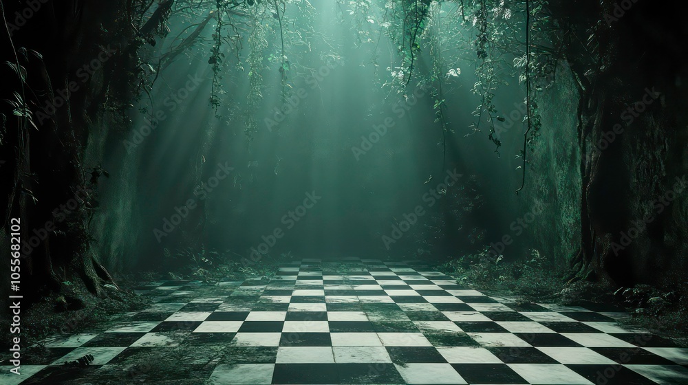 Poster A mysterious forest with a checkered floor illuminated by beams of light.