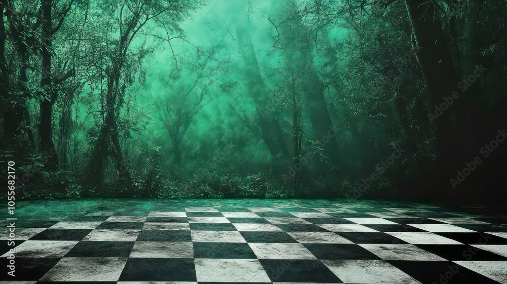 Poster a misty forest scene with a black and white checkered floor, creating a surreal atmosphere.