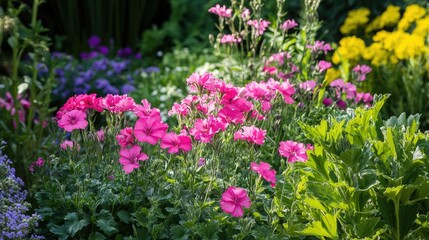 Obraz premium Pink pelargonium blooms in a vibrant summer garden