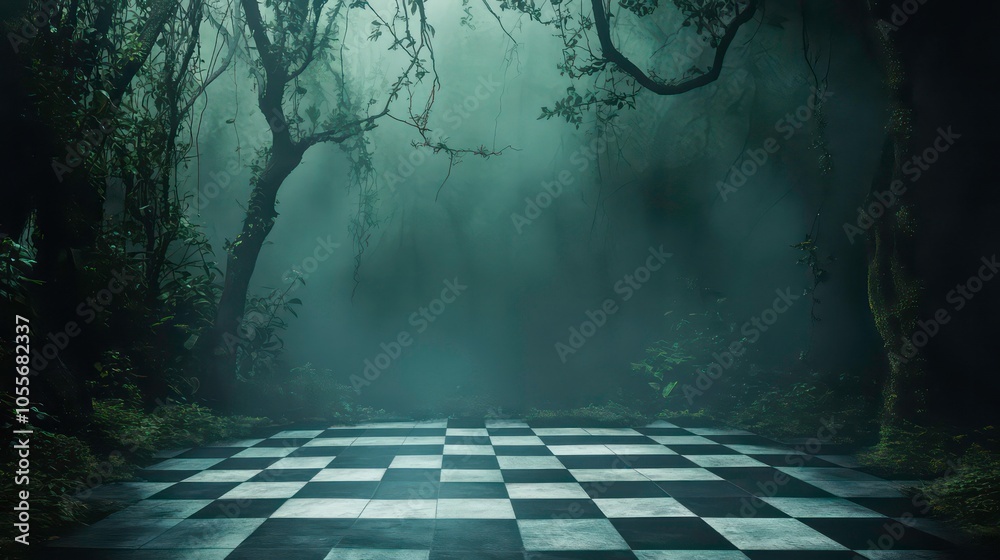 Poster A foggy forest with a checkerboard floor, creating a surreal and mysterious atmosphere.
