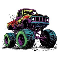 A cartoon monster truck with oversized tires and a wild design on a white background.