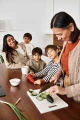 Fototapeta premium A joyful family collaborates in the kitchen, creating festive treats before Christmas, filled with laughter and love.