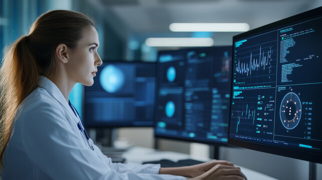 An AI-powered healthcare dashboard displaying predictive analytics for patient recovery trends, helping doctors plan interventions in real-time - Powered by Adobe