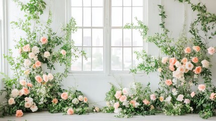 Maternity and wedding photography backdrop featuring elegant flowers with a vintage white wall and windows