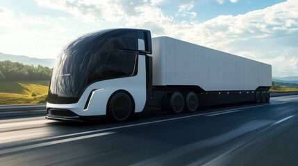 Fototapeta premium An autonomous truck traveling on a highway, transporting goods efficiently without human intervention