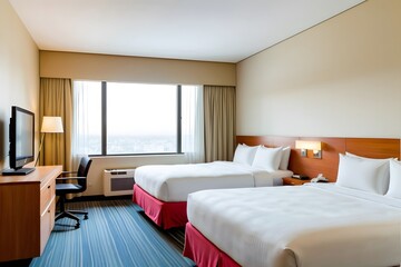Minimal hotel room with a double bed, tv, and windows.