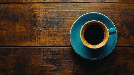 Top view of coffee and saucer on a wooden background, with blank space for text