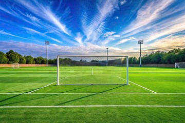 Wide-angle shot of a soccer field with goals and players on the pitch, team formations, grass sports fields, natural landscapes, goalposts, open spaces