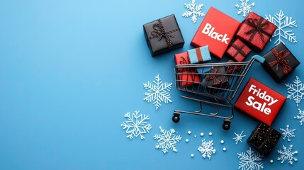 A shopping cart with gifts and decorations promoting a Black Friday sale on a blue background.