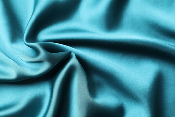 Silk satin dark turquoise color. Shiny smooth fabric. Soft folds. Luxury background with space for design. Flat table, top view