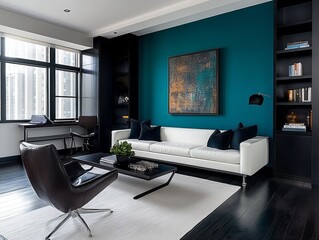 Teal accent walls combined with black decor and white furnishings for a sleek, modern masculine space