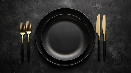 Elegant table setting featuring a black plate paired with striking black and gold cutlery against a deep textured backdrop