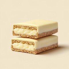 White chocolate creamy bar with oat layers on beige background.