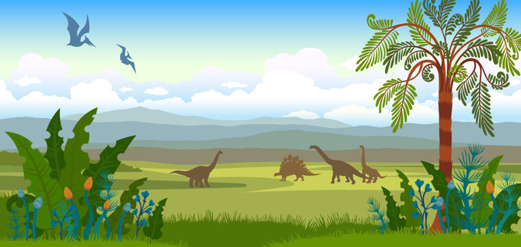 Prehistoric landscape with ancient plants and silhouette of extinct dinosaurs. Vector nature illustration.