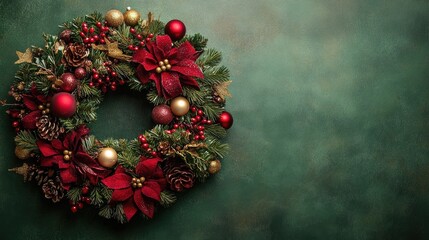 Christmas wreath adorned with red and gold decor on a green backdrop featuring a top view and ample copy space