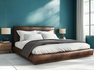 Teal walls bring depth to this modern bedroom, featuring clean-lined furniture and minimalist decor in neutral tones