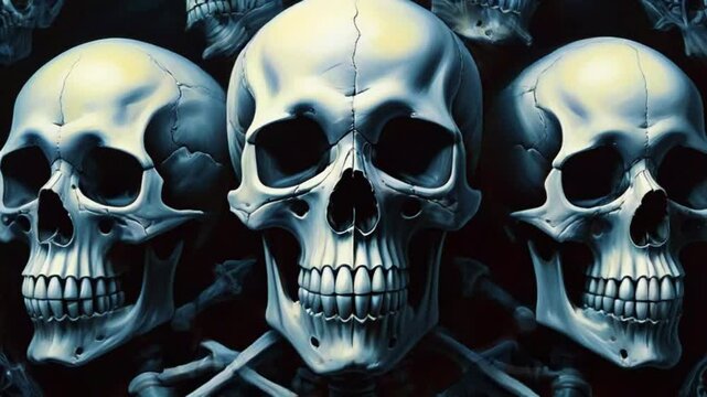 Zigzagging between a Lot of Skulls under Bright Light surreal painting of skulls and skeletons in victorian cityscapes. Digital image painted manipulation Halloween video loop impressionism style