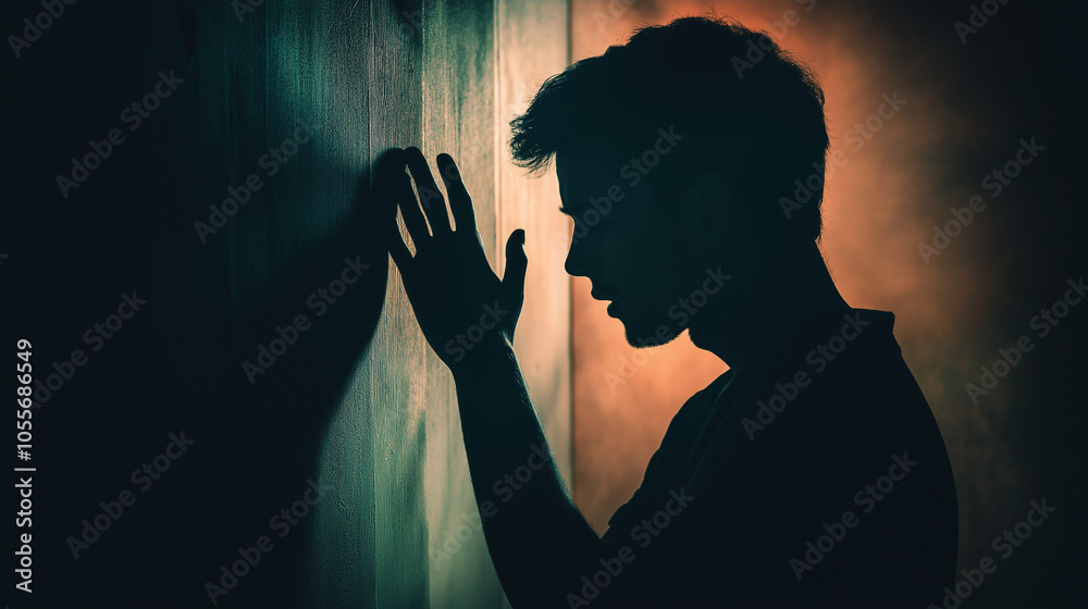 Wall mural a despaired sad, depressed man sitting near wall alone in a dark lighting background. despair hopele