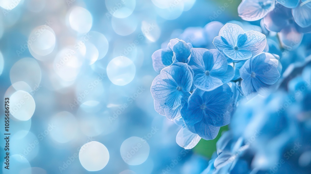 Poster A close-up of delicate blue hydrangea flowers with a soft bokeh background.