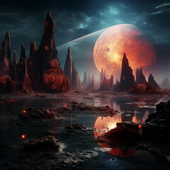 Fototapeta premium Alien planet scene and huge moon